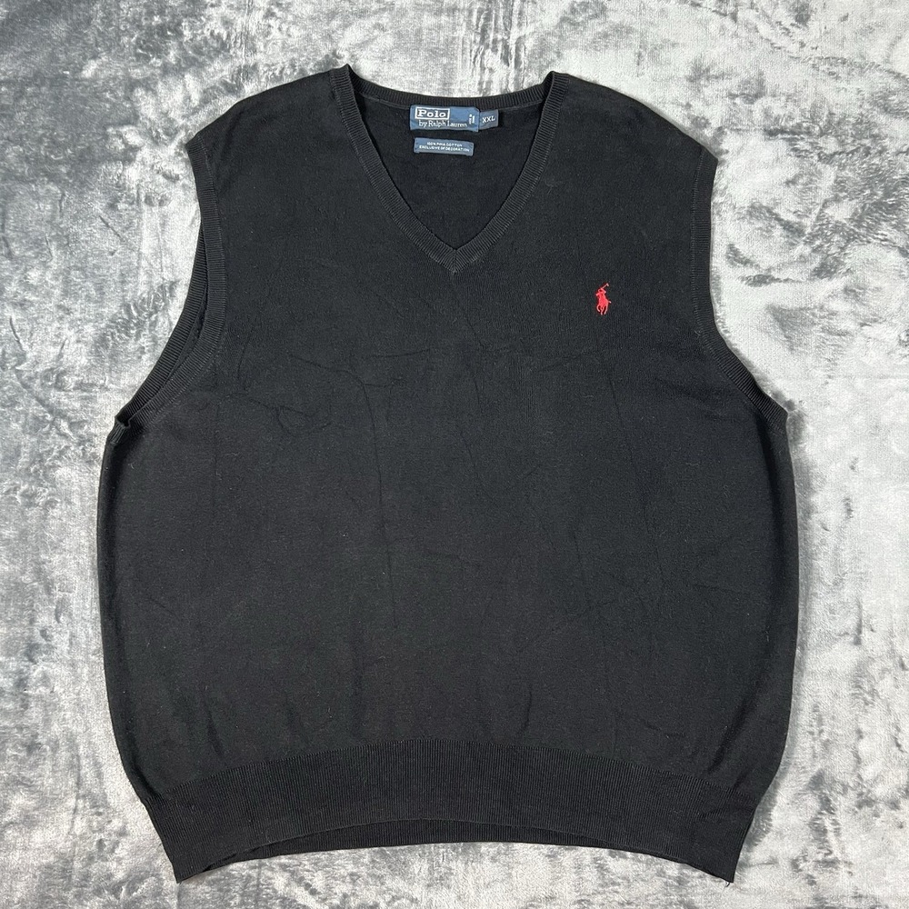 Vintage Polo Ralph Lauren 2XL XXL Black 100% Pima Cotton Sweater Vest V Neck